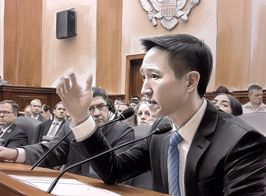 Sketch of TikTok's CEO, Shou Chew at Congress