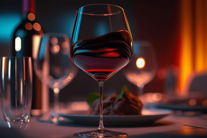 A photo of a wine glass filled with red wine