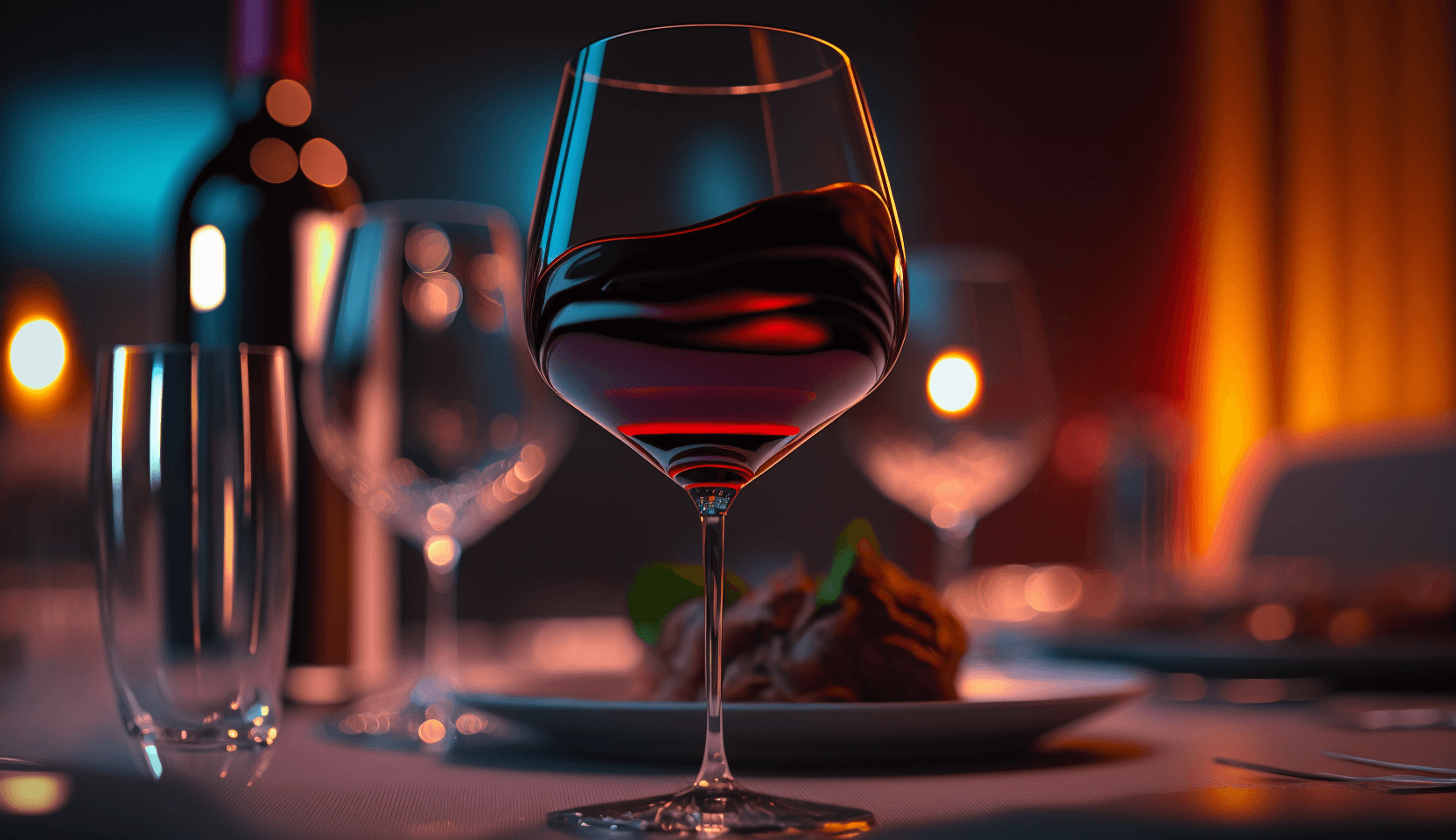 A photo of a wine glass filled with red wine