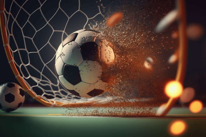An editorial photo of a soccer ball going to the net