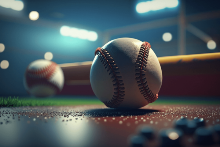 Photography of a baseball and a bat on a baseball field