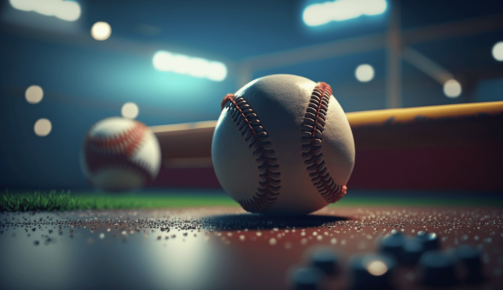 Photography of a baseball and a bat on a baseball field