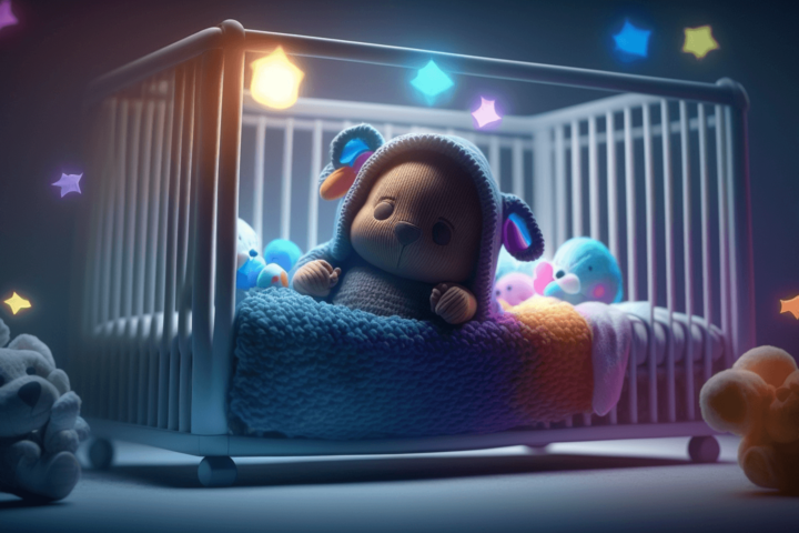 A photo of a a teddy bear in a crib