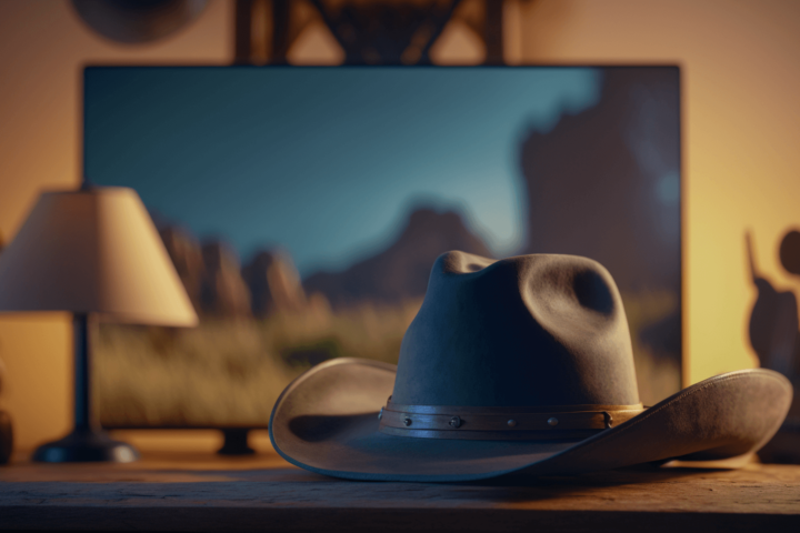 A cowboy hat in front of a television screen