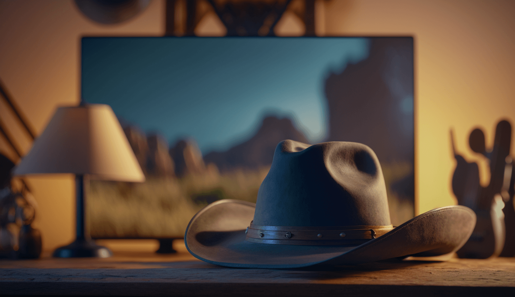A cowboy hat in front of a television screen