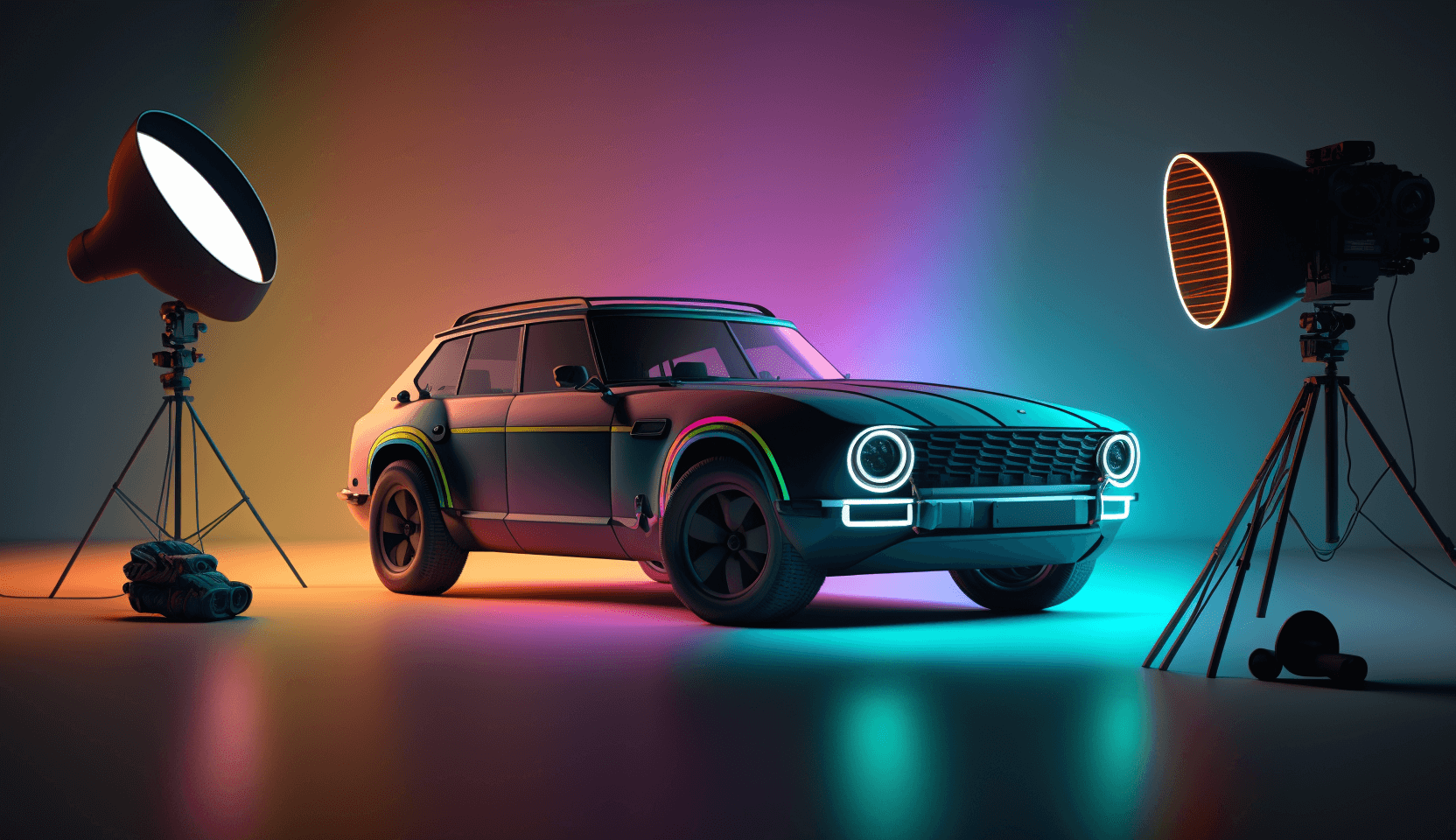 A photo of an electric car behind the scenes