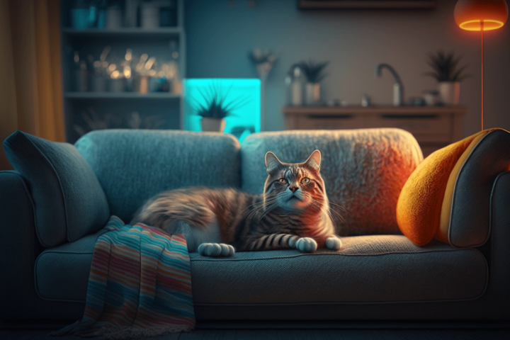 A photo of a cat sitting cozy on the couch
