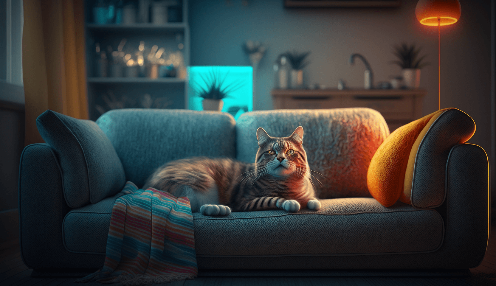 A photo of a cat sitting cozy on the couch