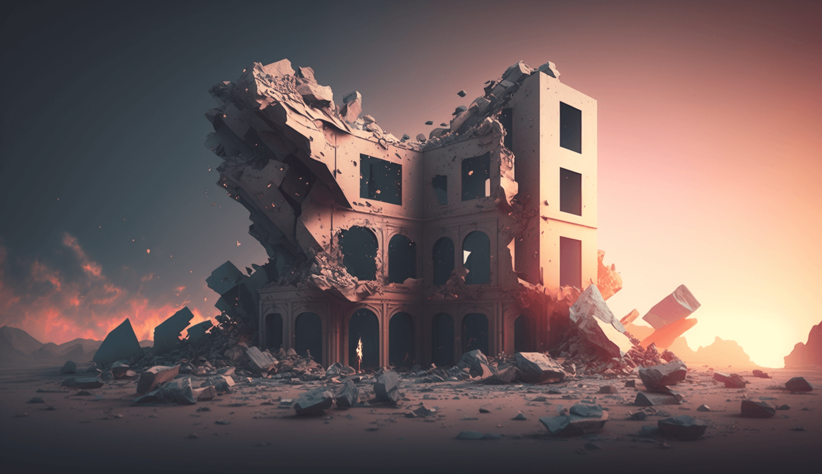 a destroyed building in cinematic form