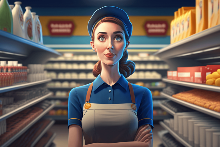 A photo of a grocery store worker. An employee