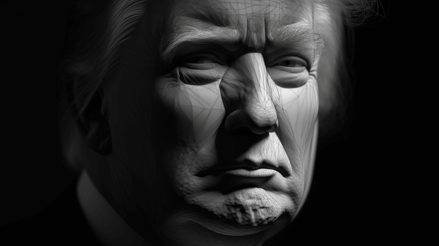 A black and white line drawing of Donald Trump