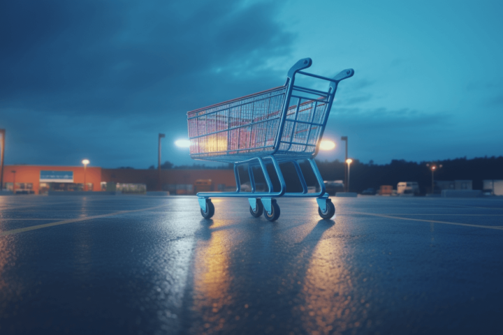 A shopping cart in a parking lot