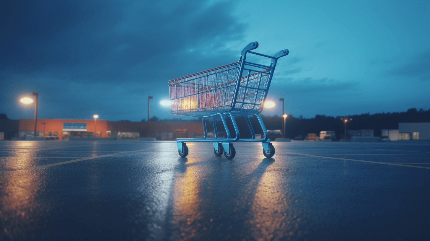 A shopping cart in a parking lot