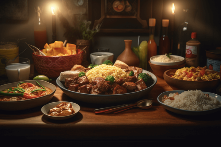 Photo of a dinner tables filled with filipino american dishes