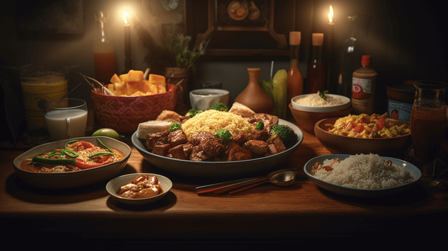 Photo of a dinner tables filled with filipino american dishes