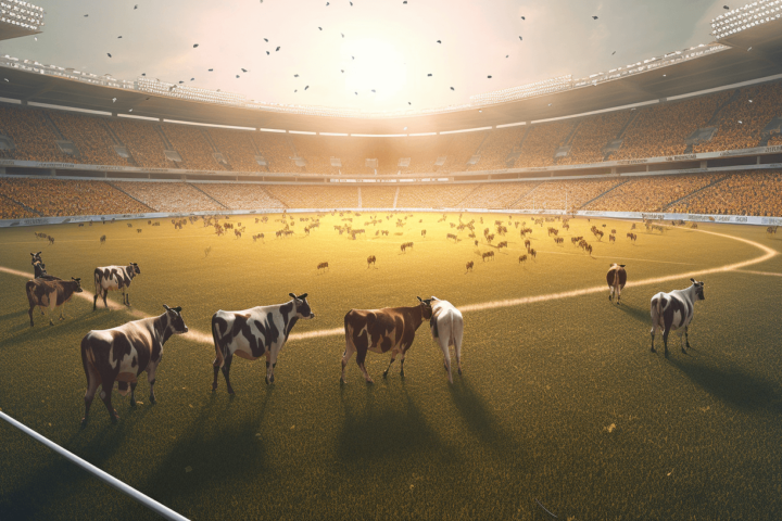 Cows on a football field