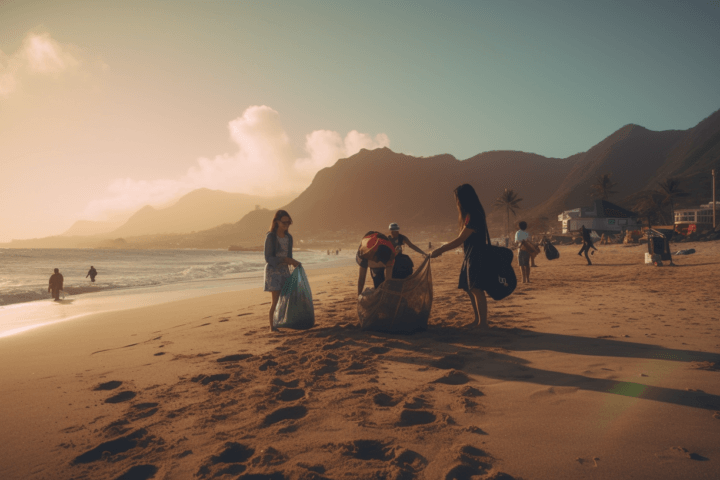 People picking up trash on the beach