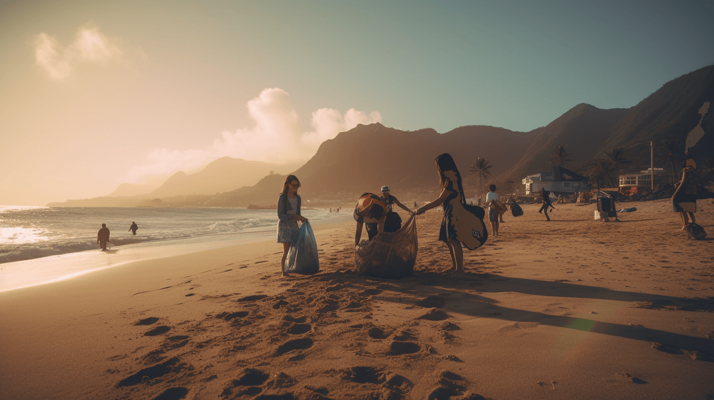 People picking up trash on the beach