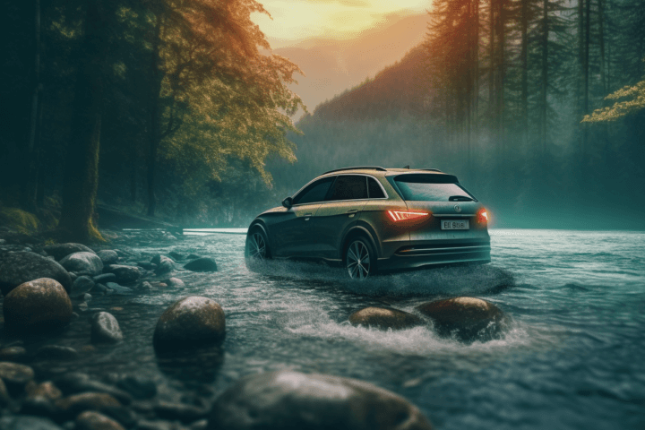a photo of a car in a river